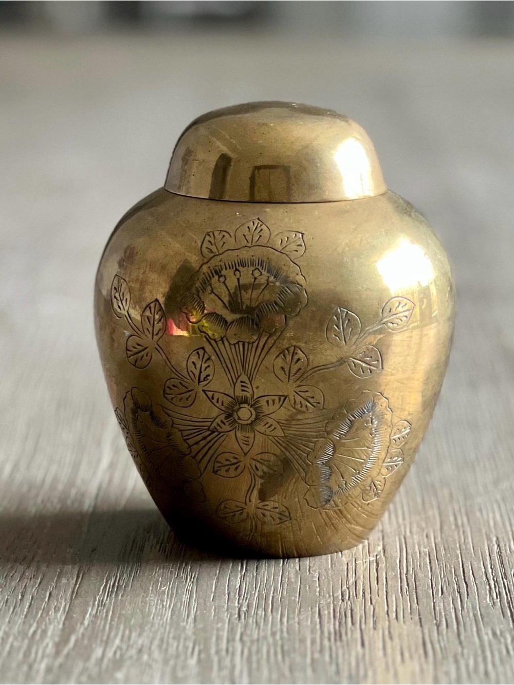 VTG Brass Floral Engraved floral lidded urn - solid brass